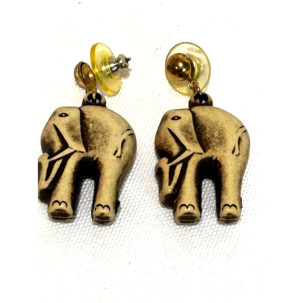 Faux Bone Celluloid Elephant Gold Tone Dangle Post Earrings‎ Vintage safari chic